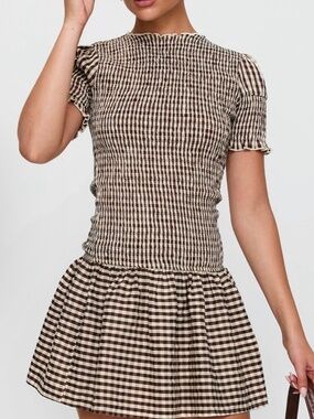 Laurita Shirred Mini Dress Brown Check Size 8 NWT